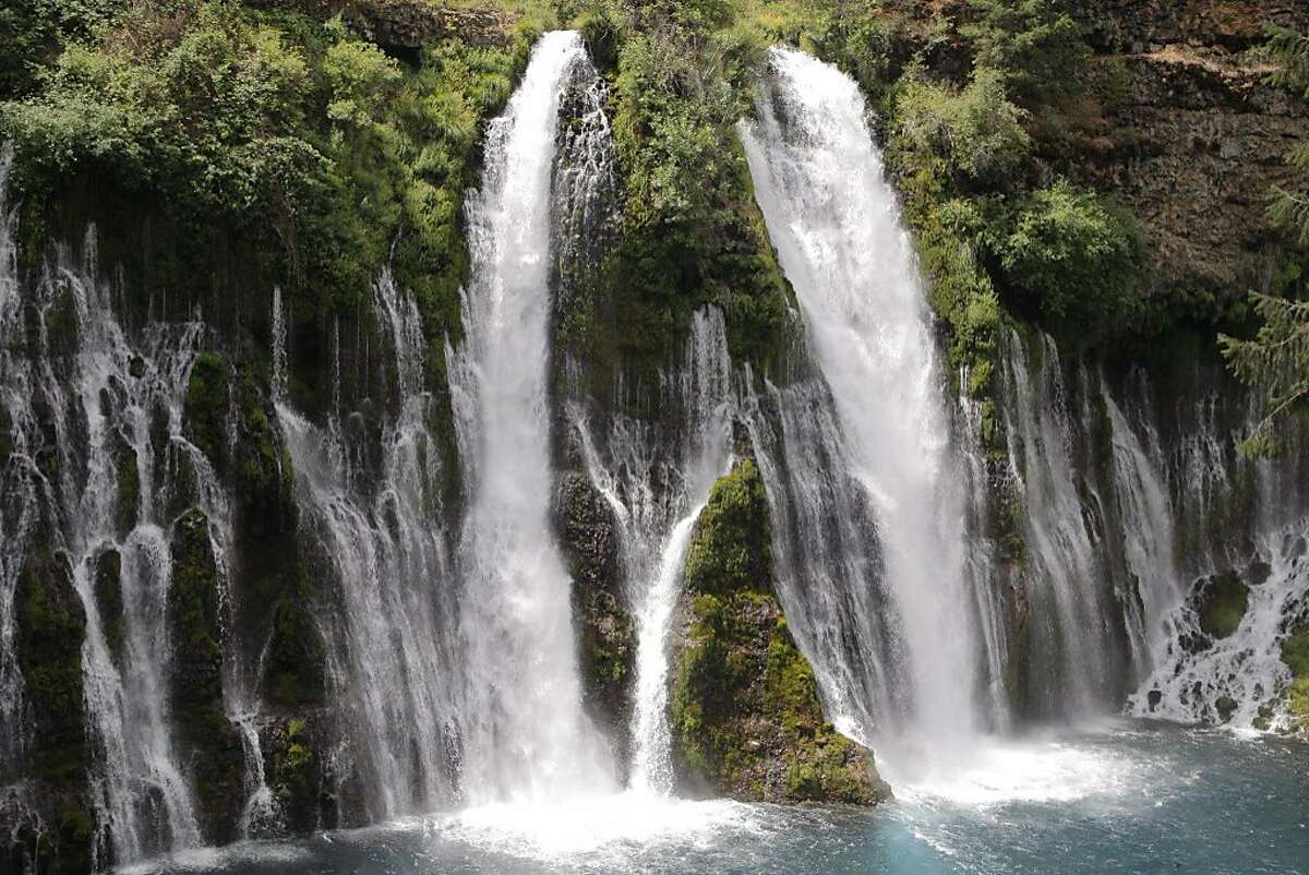 Drought buster: Full frontal of 129-foot McArthur-Burney Falls, viewed from plunge pool -- waterfall pumps 100 million gallons of water per day