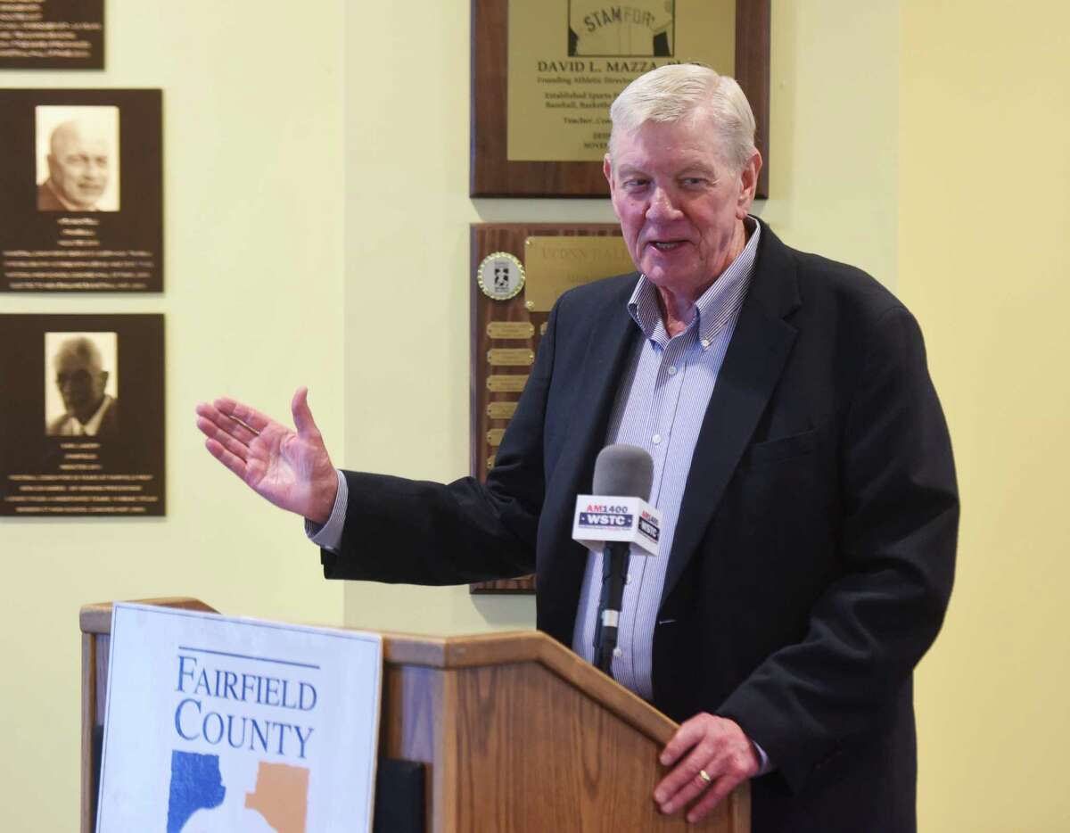 Stamford (Trinity Catholic) basketball and Babe Ruth League baseball coach Mike Walsh speaks after being inducted during the Fairfield County Sports Commission Hall of Fame induction ceremony at the UConn Stamford campus in Stamford, Conn. Wednesday, June 29, 2016. The 2016 inductees are Fairfield PGA pro J.J. Henry and Norwalk WNBA pro Rita Williams into the Jackie Robinson Professional Wing; Bridgeport basketball player Manute Bol, New Canaan basketball player Maurice Gilmore and Darien equestrian Bill Steinkraus into the James O'Rourke Amateur Wing; and New Canaan football coach Lou Marinelli and Stamford (Trinity Catholic) basketball and Babe Ruth League baseball coach Mike Walsh.