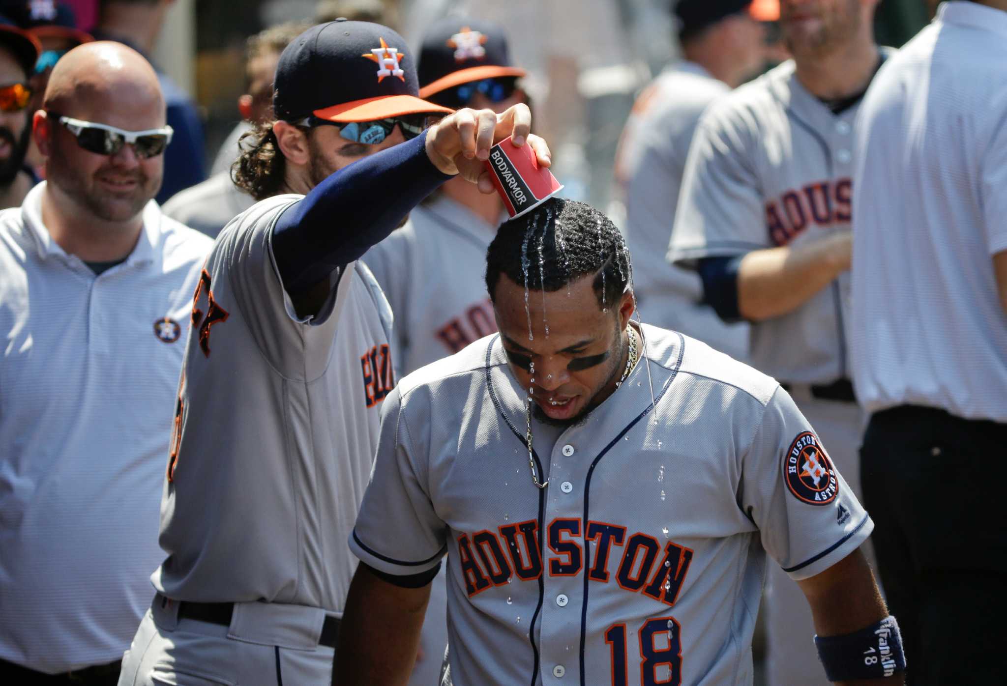 Luis Valbuena of the Houston Astros celebrates a solo home run in the  News Photo - Getty Images