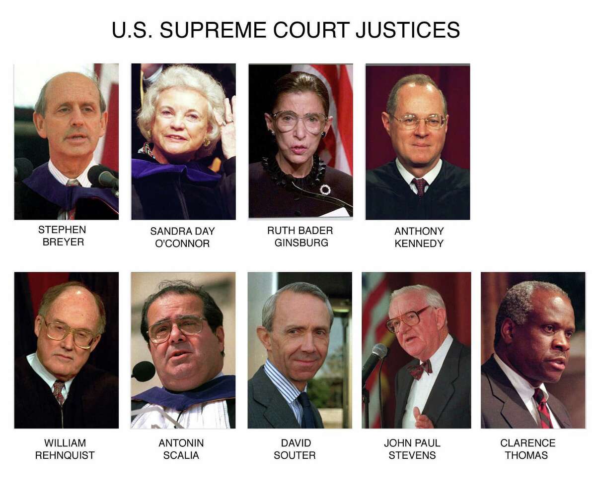 These are file photos of the justices of the U.S. Supreme Court. They are top row from left: Justice Stephen Breyer, Justice Sandra Day O'Connor, Justice Ruth Bader Ginsburg and Justice Anthony Kennedy. Bottom row from left: Chief Justice William Rehnquist, Justice Antonin Scalia, Justice David Souter, Justice John Paul Stevens and Justice Clarence Thomas. (AP Photos/File)