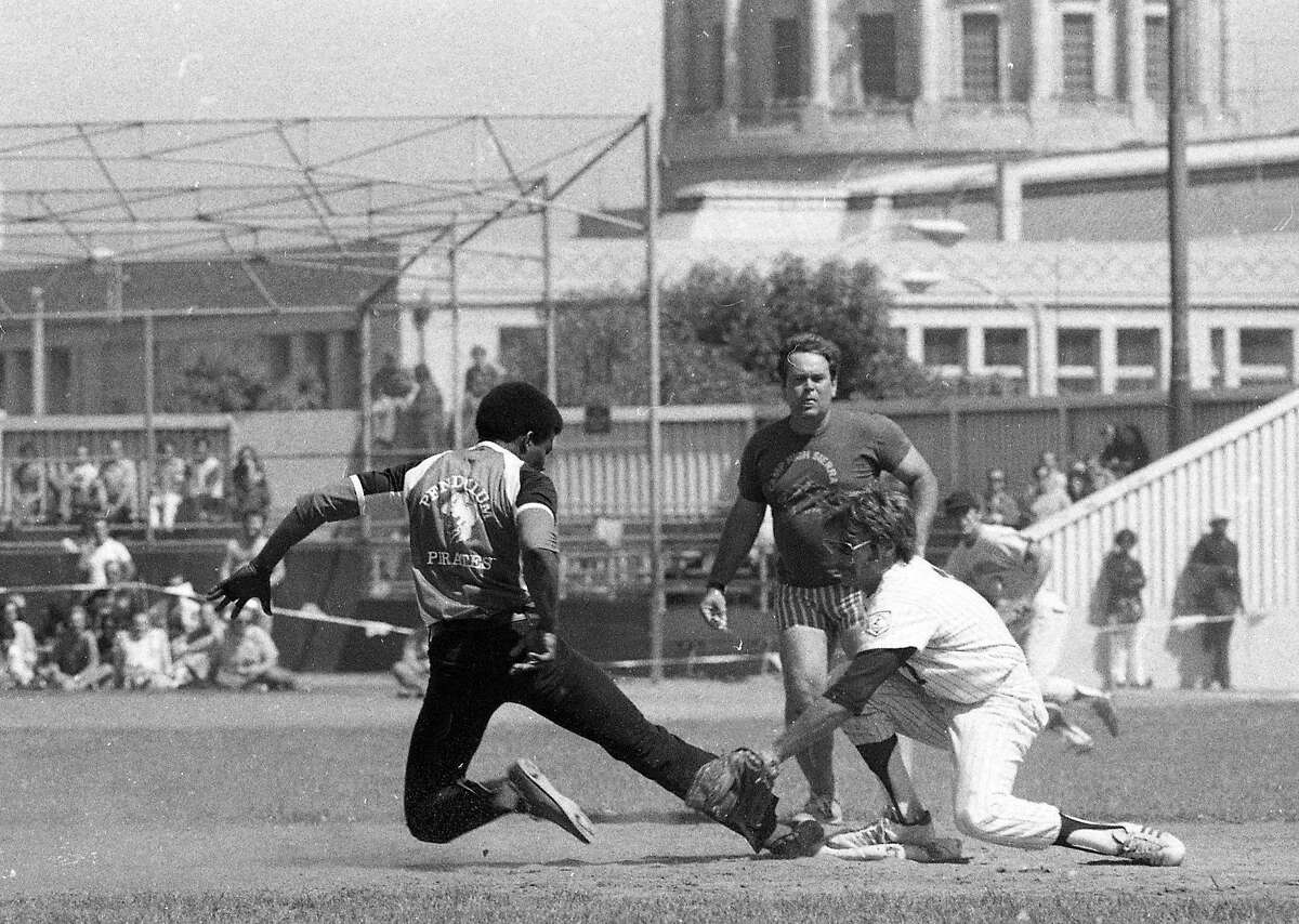 The gay Pendulum Pirates play softball with the S.F. Police Department on Aug. 10, 1975 to help build community relations.