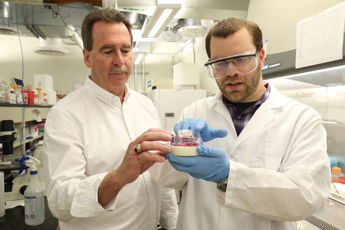 SUNY Poly Professor James Castracane, left, works with SUNY Polt grad student Timothy Masiello, right, on the SpacePharma project.