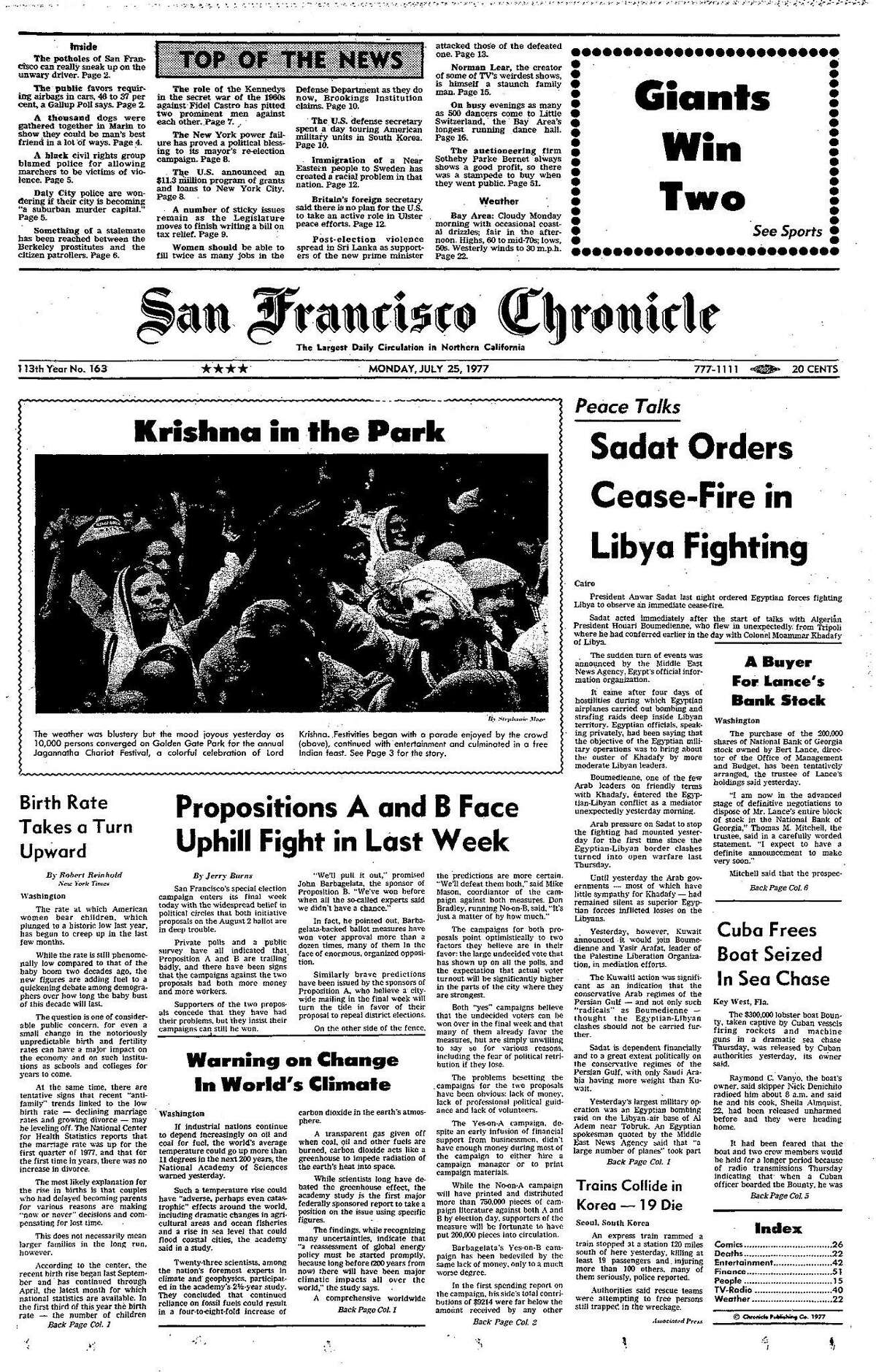 Historic Chronicle Front Page July 25, 1977 Hare Krishna rally in the Golden Gate Park, and early warning on climate change Chron365, Chroncover
