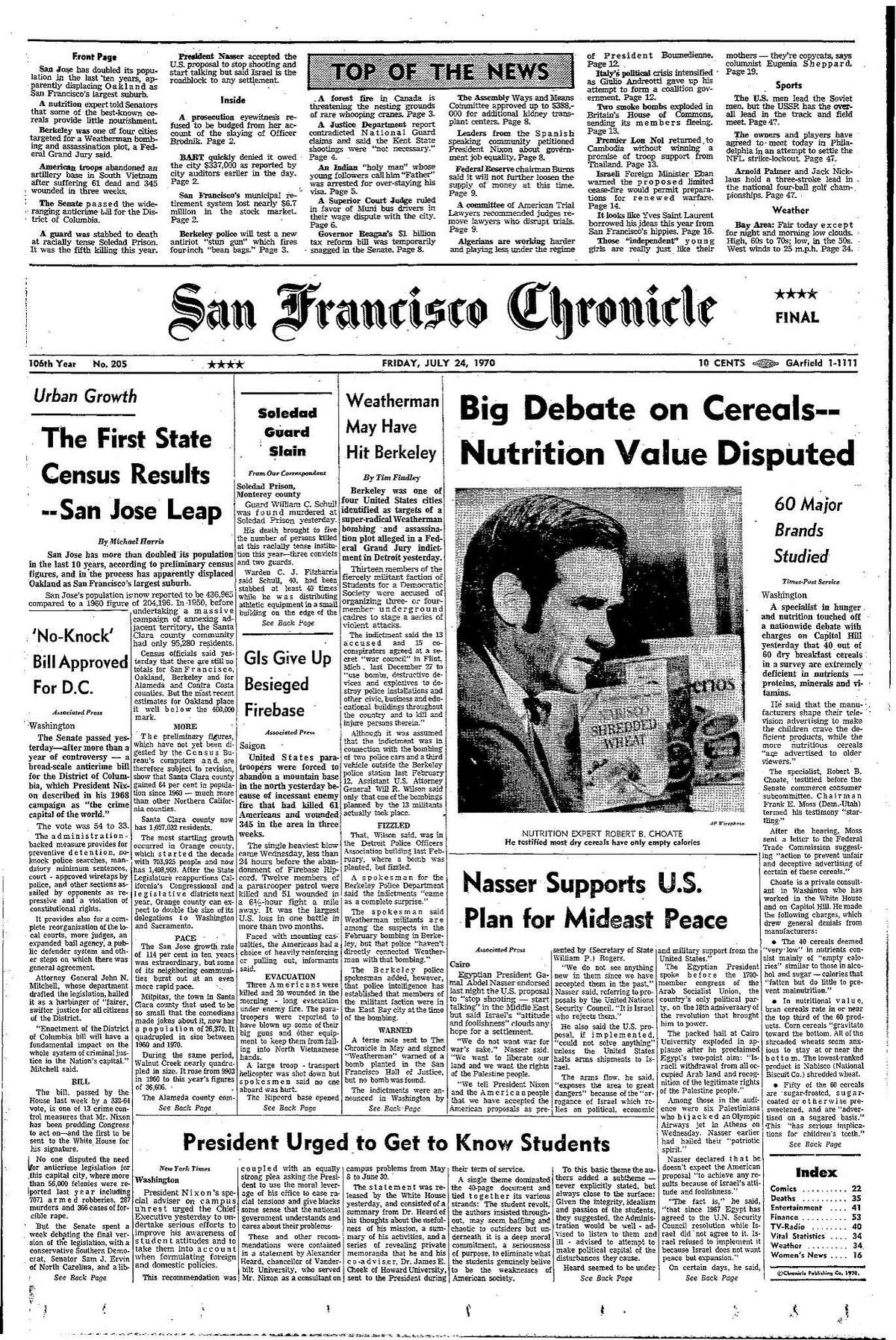 Historic Chronicle Front Page July 24, 1970 Report comes out, that breakfast cereal isn't all that healthy, and are extremely deficient in nutrients Chron365, Chroncover