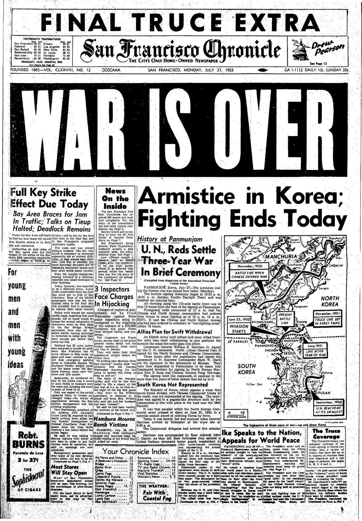 Historic Chronicle Front Page July 27, 1953 Korean War is over, Chron365, Chroncover