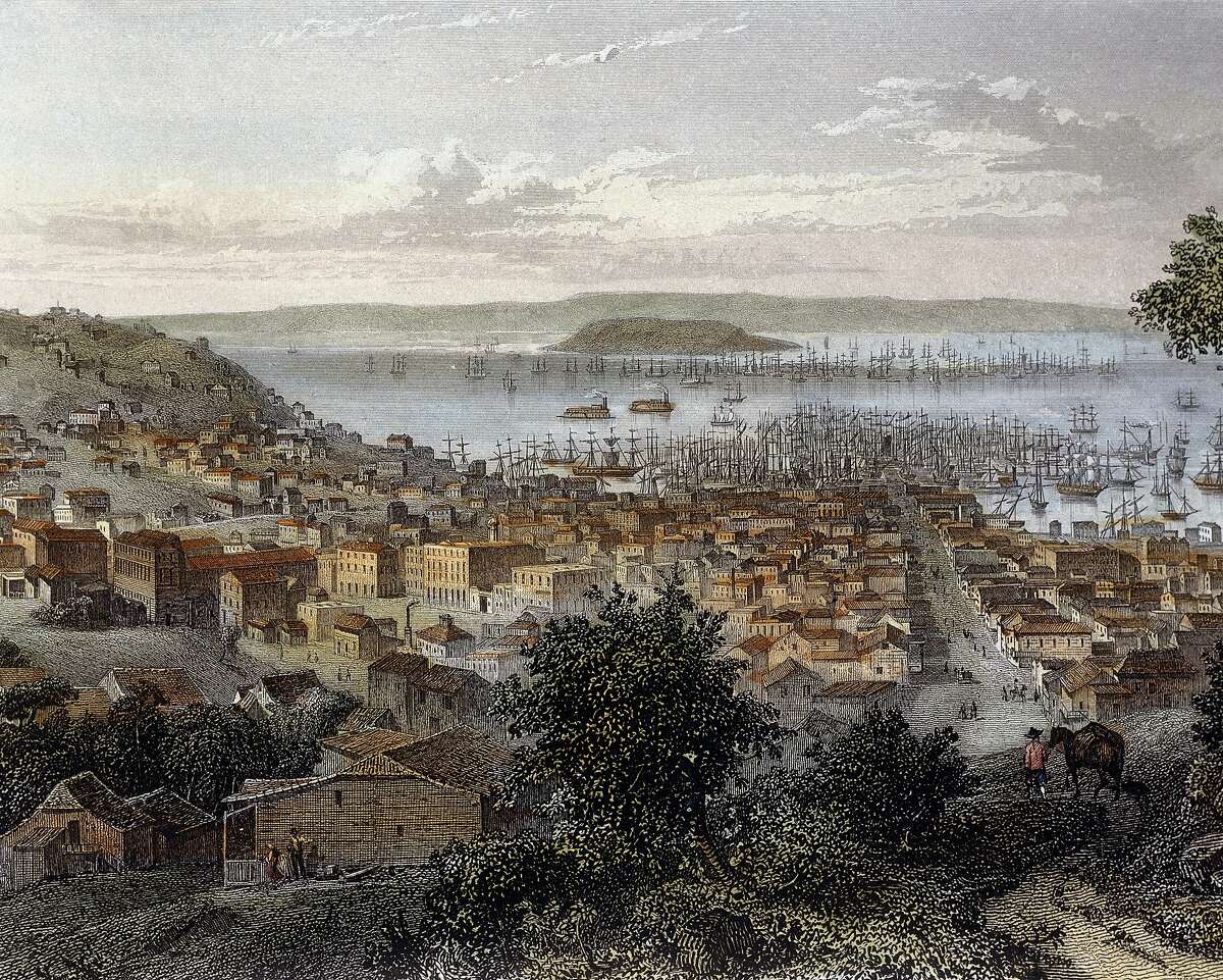 An engraving from the Gold Rush era shows San Francisco and its bay. The tall ships clustered at the rear center and right float over what is today the Financial District.