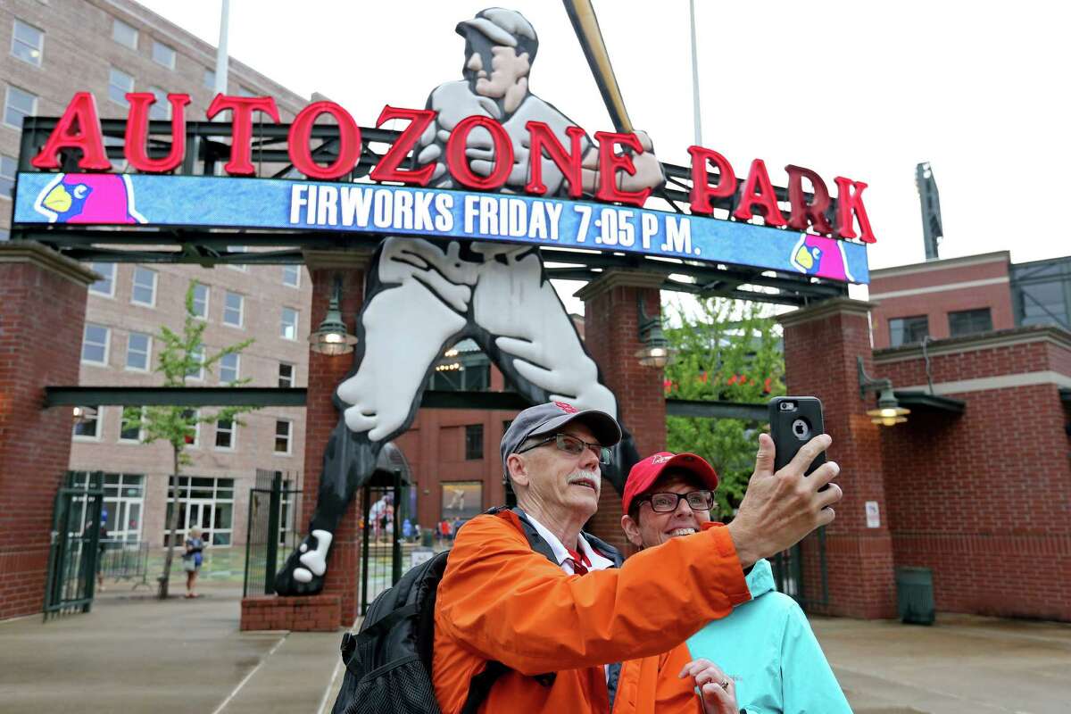 Marc (left) and Tracy Weiter, of St. Louis, Mo., take a selfie before the Memphis Redbirds and New Orleans Zephyrs baseball game at AutoZone Park Wednesday June 1, 2016 in Memphis, Tennessee.