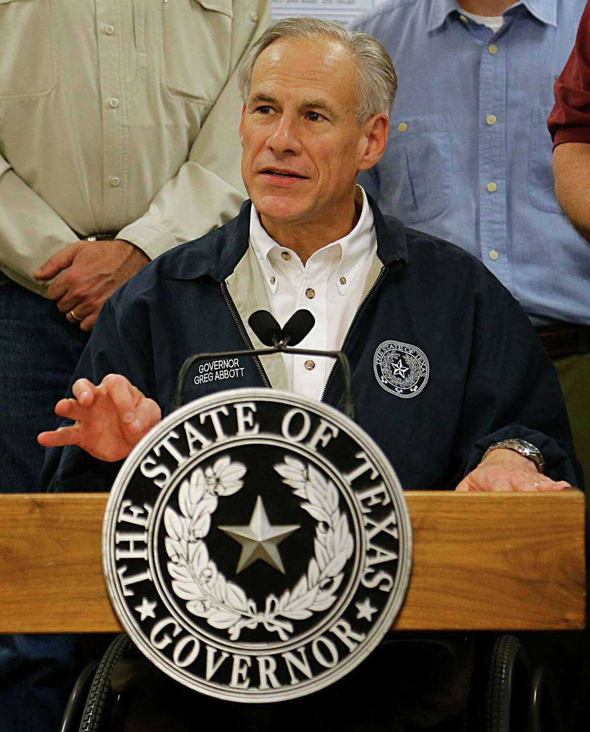 Texas Governor Greg Abbott speaks at a press conference at the Brazoria County Court at Law after taking an aerial tour of Brazoria and Fort Bend Counties Friday, June 3, 2016, in Angleton. ( James Nielsen / Houston Chronicle )