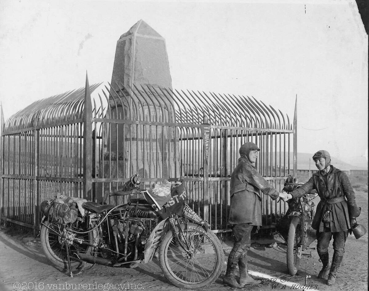 This 1916 photo provided Dan Ruderman shows Adeline and Augusta Van Buren at the United States/Mexico border during their cross-country motorcycle trip. A century ago, when the automobile was in its infancy and most roads in the United States weren't paved, the intrepid sisters from Brooklyn embarked on a remarkable journey, a 4,000-mile trek across the country, aboard two Indian motorcycles. (Courtesy of Dan Ruderman via AP)