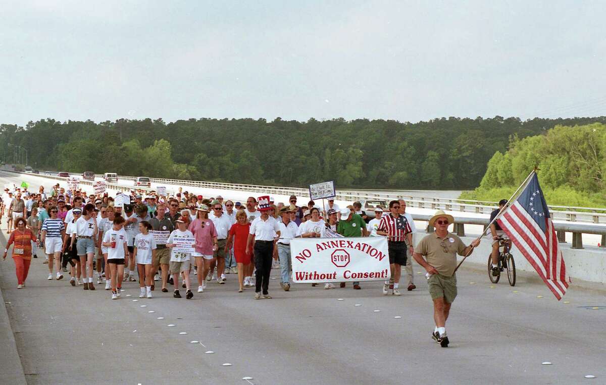 Kingwood residents rallied at a Kingwood park on May 18, 1996, to protest annexation by Houston. Houston has essentially stopped annexing populated areas since the Kingwood controversy.