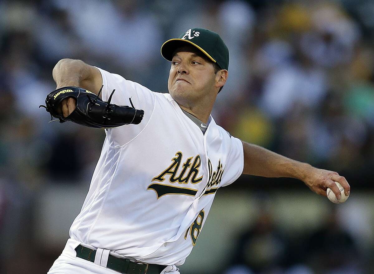 Oakland Athletics pitcher Rich Hill works against the Pittsburgh Pirates during the first inning of a baseball game Saturday, July 2, 2016, in Oakland, Calif. (AP Photo/Ben Margot)