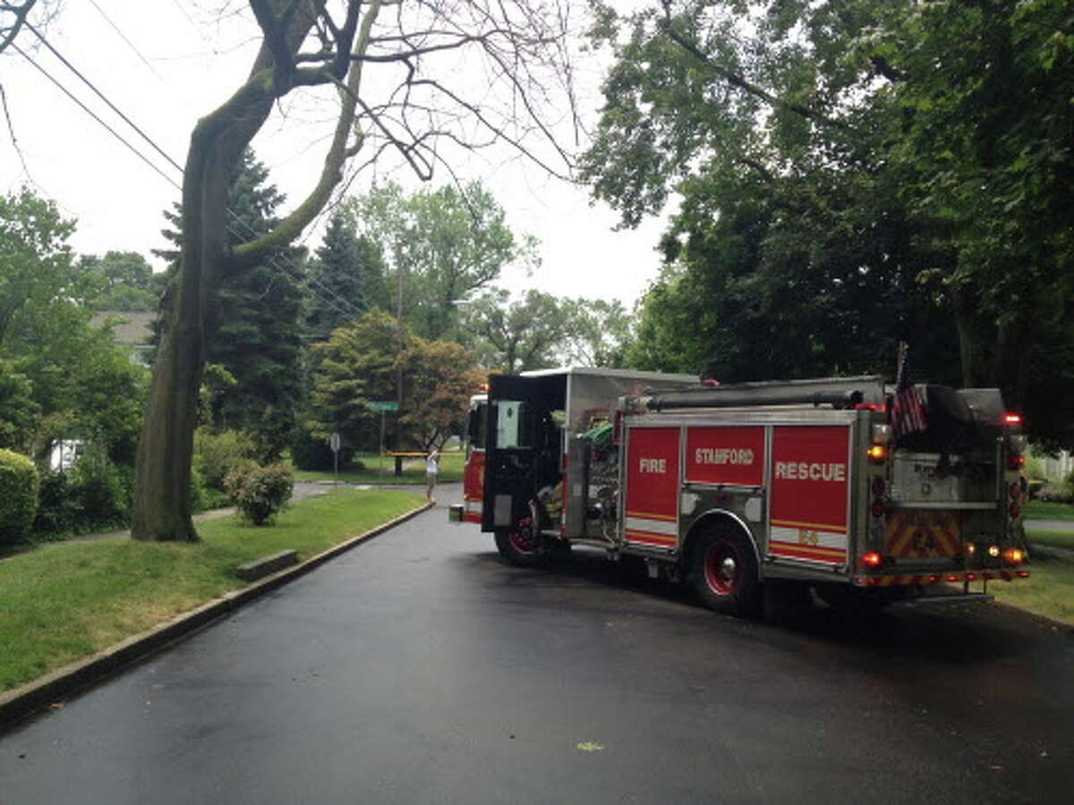Stamford Fire & Rescue crews block off a portion of Downs Avenue in Shippan after a tree struck a house.