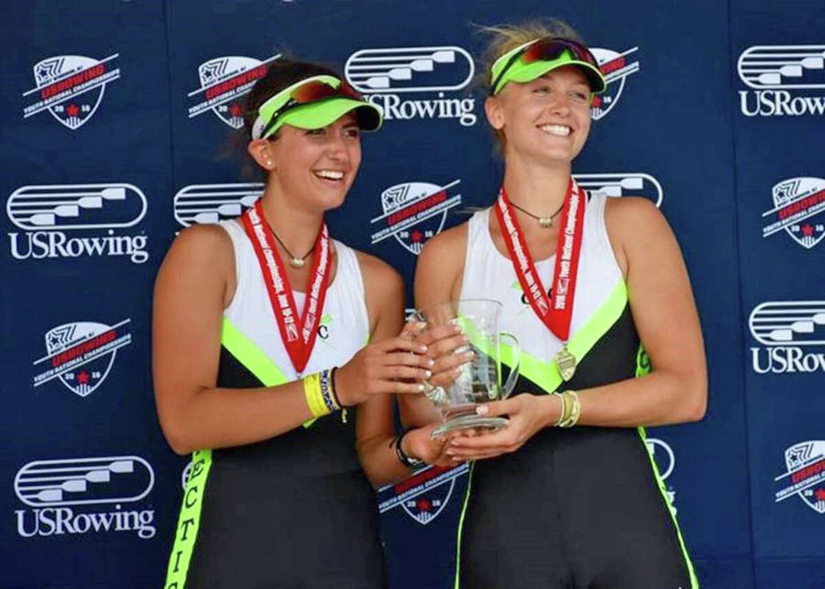 Kaitlyn Kynast of Ridgefield and Julia Cornacchia of Darien of the Connecticut Boat Club took gold in the pair event at the 2016 US Rowing Youth National Championships in Mercer, NJ. June 2016