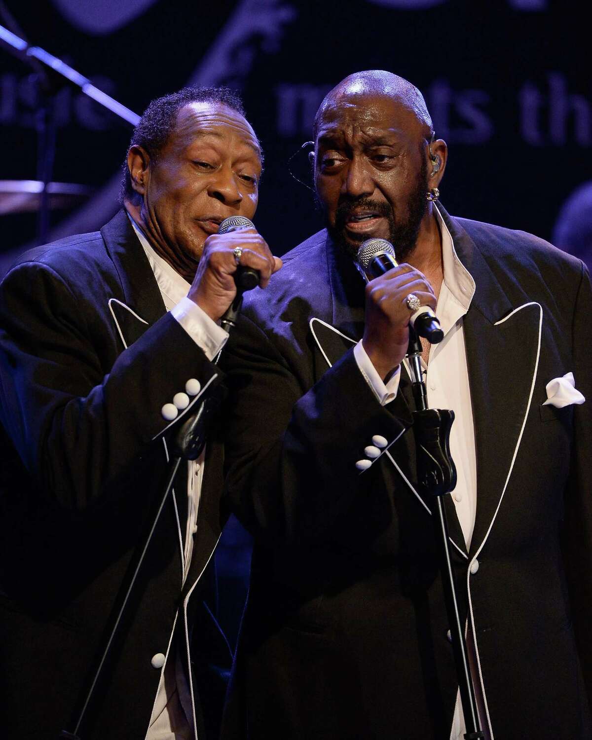 AGOURA HILLS, CA - MARCH 20: Musicians Joe Herndon (L) and Otis Williams perform during The Temptations appearance at The Canyon Club on March 20, 2015 in Agoura Hills, California. (Photo by Michael Schwartz/WireImage)