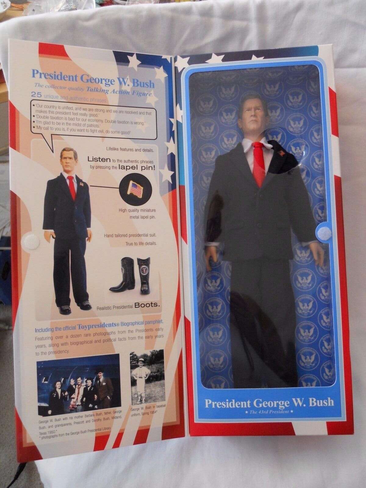 PHOTOS: Former President George W. Bush as portrayed by toys You can celebrate the birth of the 43rd President of the United States by purchasing one of several dolls featuring his likeness on eBay. Of course, some dolls are more flattering than others. Click through to see more versions of the Dubya in toy form...