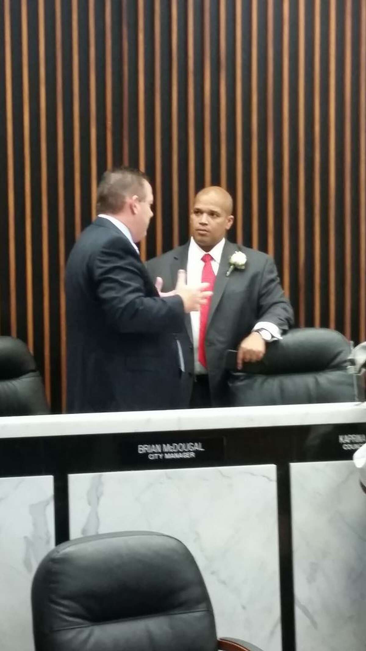 Port Arthur Mayor Derrick Freeman, right, talks with City Manager Brian McDougal on Wednesday. Brandon K. Scott/Beaumont Enterprise