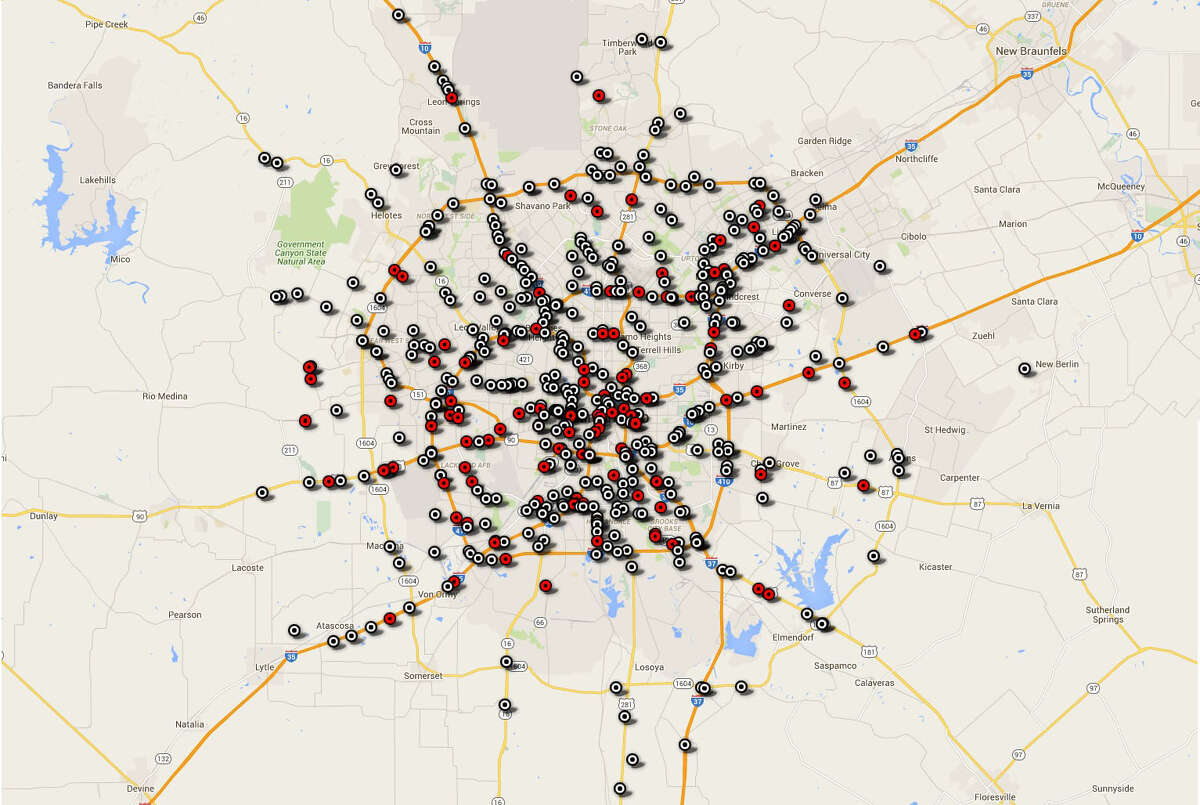 Fatalities on Bexar County Roads for January 2013 through December 2015. Red indicates a DUI charge in the incident.Click through to see the San Antonio roadways with the most fatal crashes over those three years.