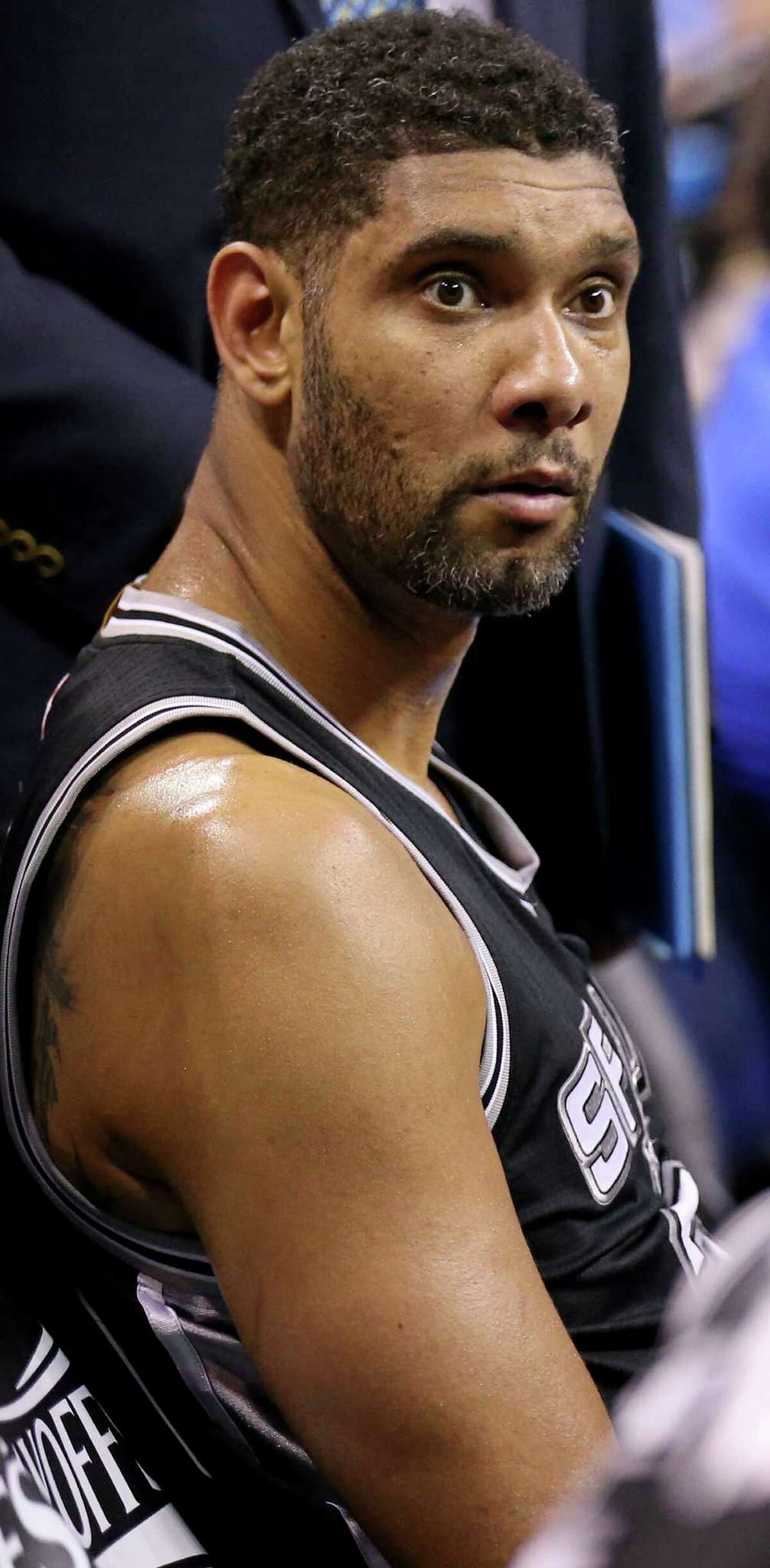 Spurs’ Tim Duncan sits on the bench during second half action of Game 6 in the Western Conference semifinals against the Oklahoma City Thunder on May 12, 2016 at Chesapeake Energy Arena.