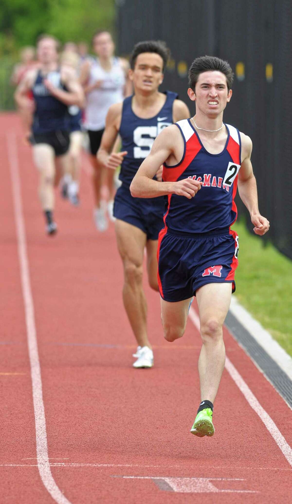 Brien McMahon's Eric Vanderels competes in the 1600 meter run at the FCIAC boys track championships, held at Bethel High School, Saturday, May 21, 2016, in Bethel, Conn.