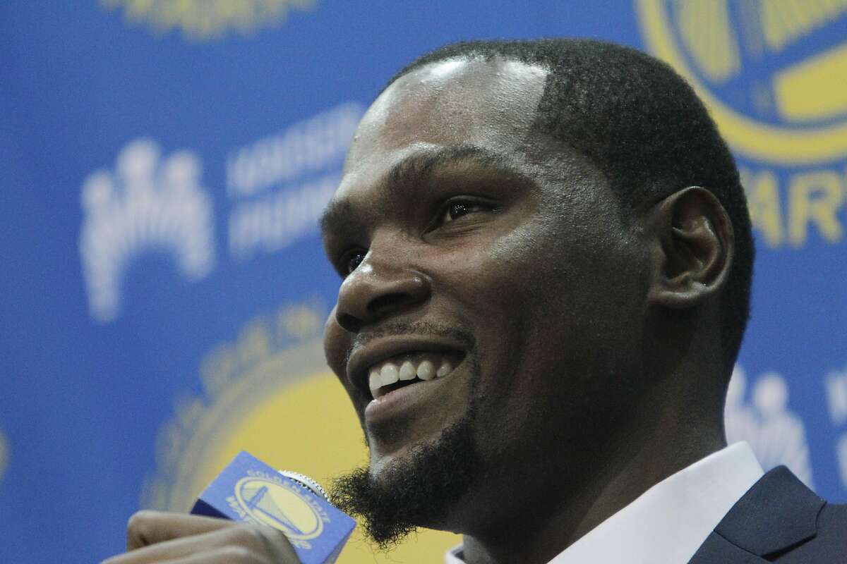 Kevin Durant speaks during the introductory press conference for Durant at the Warriors practice facility on�Thursday, July 7, 2016 in Oakland, California.
