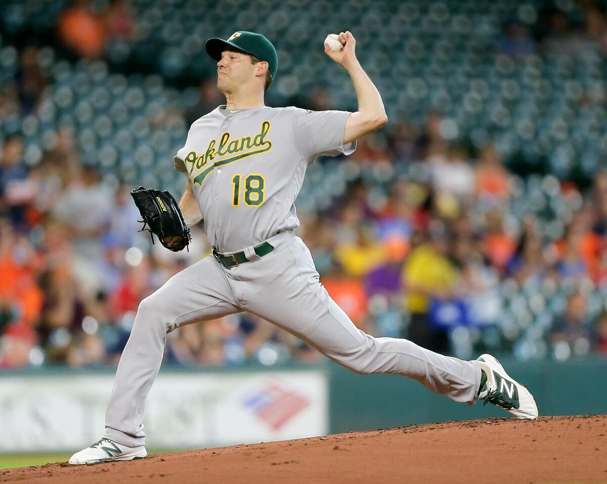 HOUSTON, TX - JULY 07: Rich Hill #18 of the Oakland Athletics pitches in the first inning against the Houston Astros at Minute Maid Park on July 7, 2016 in Houston, Texas. (Photo by Bob Levey/Getty Images)
