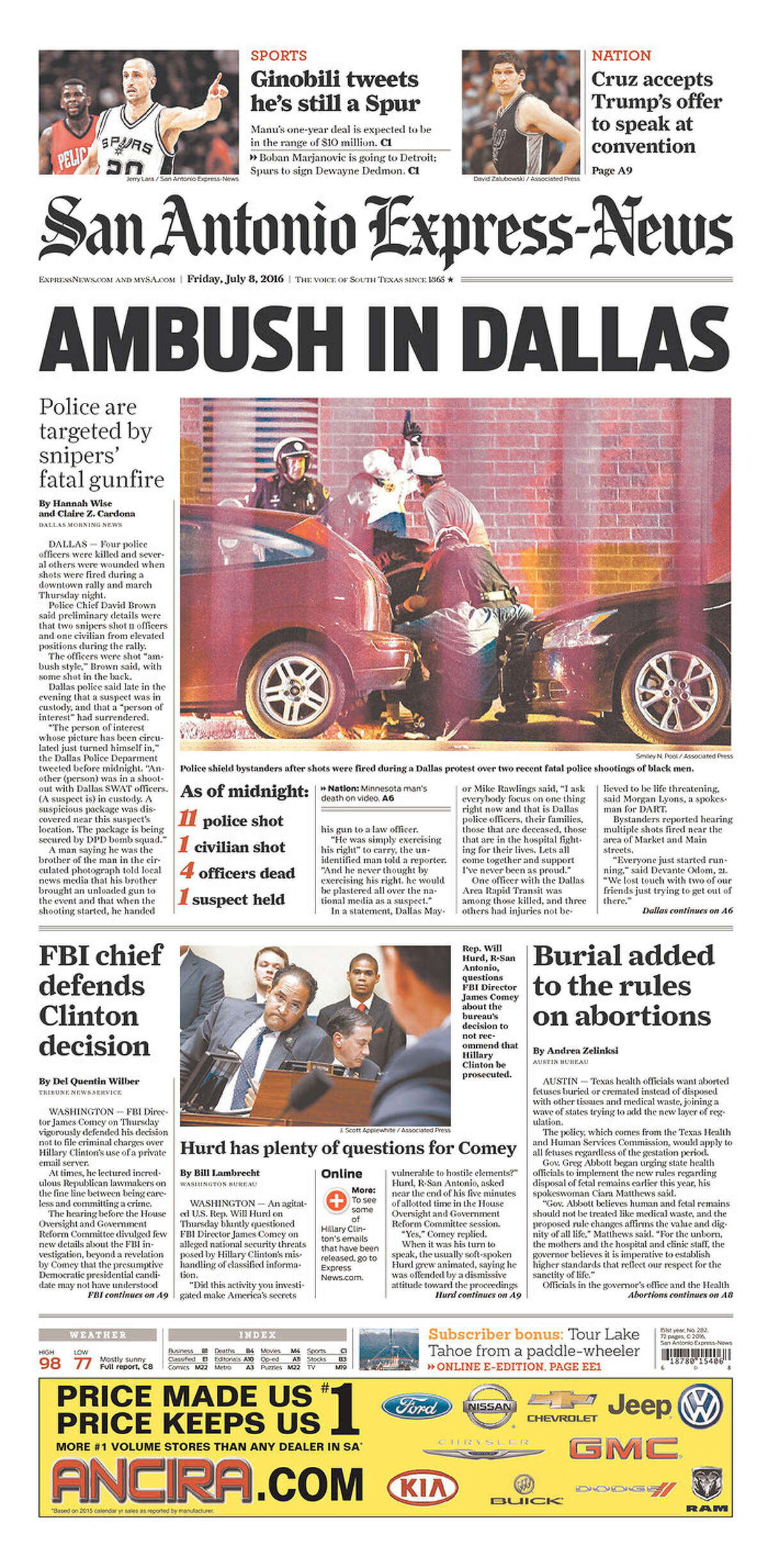 Newspaper front pages on July 8, 2016--the day after five Dallas Police Officers were shot dead in downtown by snipers.