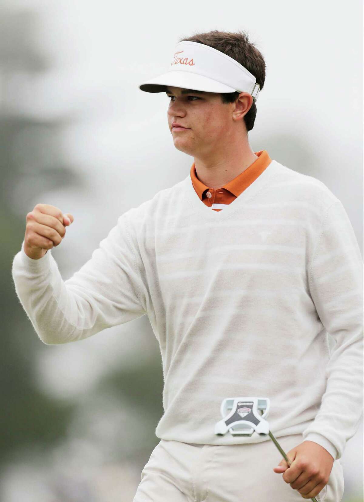 Amateur Beau Hossler reacts after chipping in to save par on the first hole during the fourth round of the U.S. Open Championship golf tournament Sunday, June 17, 2012, at The Olympic Club in San Francisco. (AP Photo/Eric Gay)