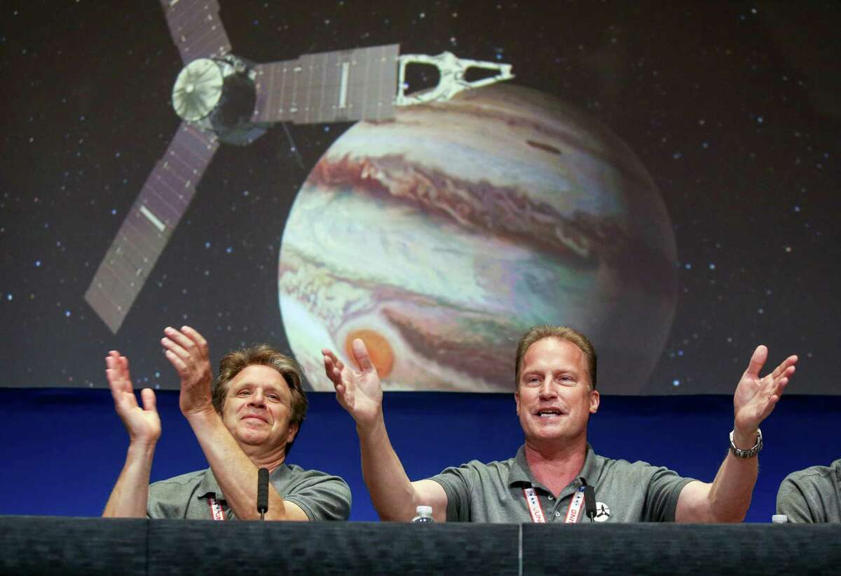 Scott Bolton (left) and Rick Nybakken react at NASA’s Jet Propulsion Laboratory after the solar-powered Juno spacecraft entered orbit around Jupiter on Monday. For now, we’ll focus on Juno and Kevin Durant; there will be time for that other stuff after Labor Day as the general election nears.