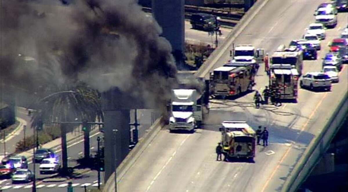 A KTVU camera captured this image of the fire response on the I-880 to eastbound I-80 exchange. 