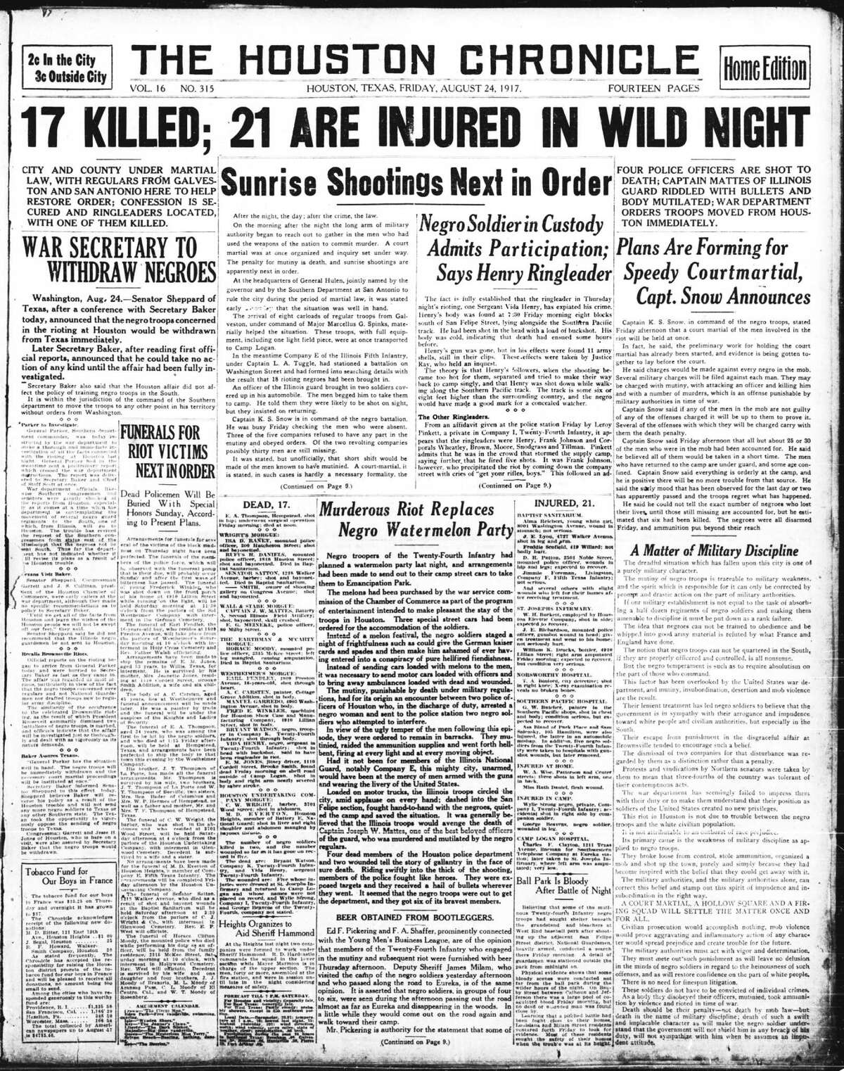Houston Chronicle front page, August 24, 1917.