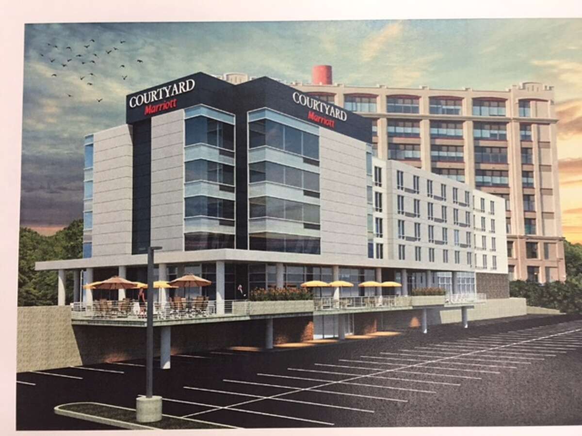 This artist's rendering depicts the back of the five-story Marriott hotel builders are proposing for the Troy waterfront in downtown. (Courtesy: First Columbia)