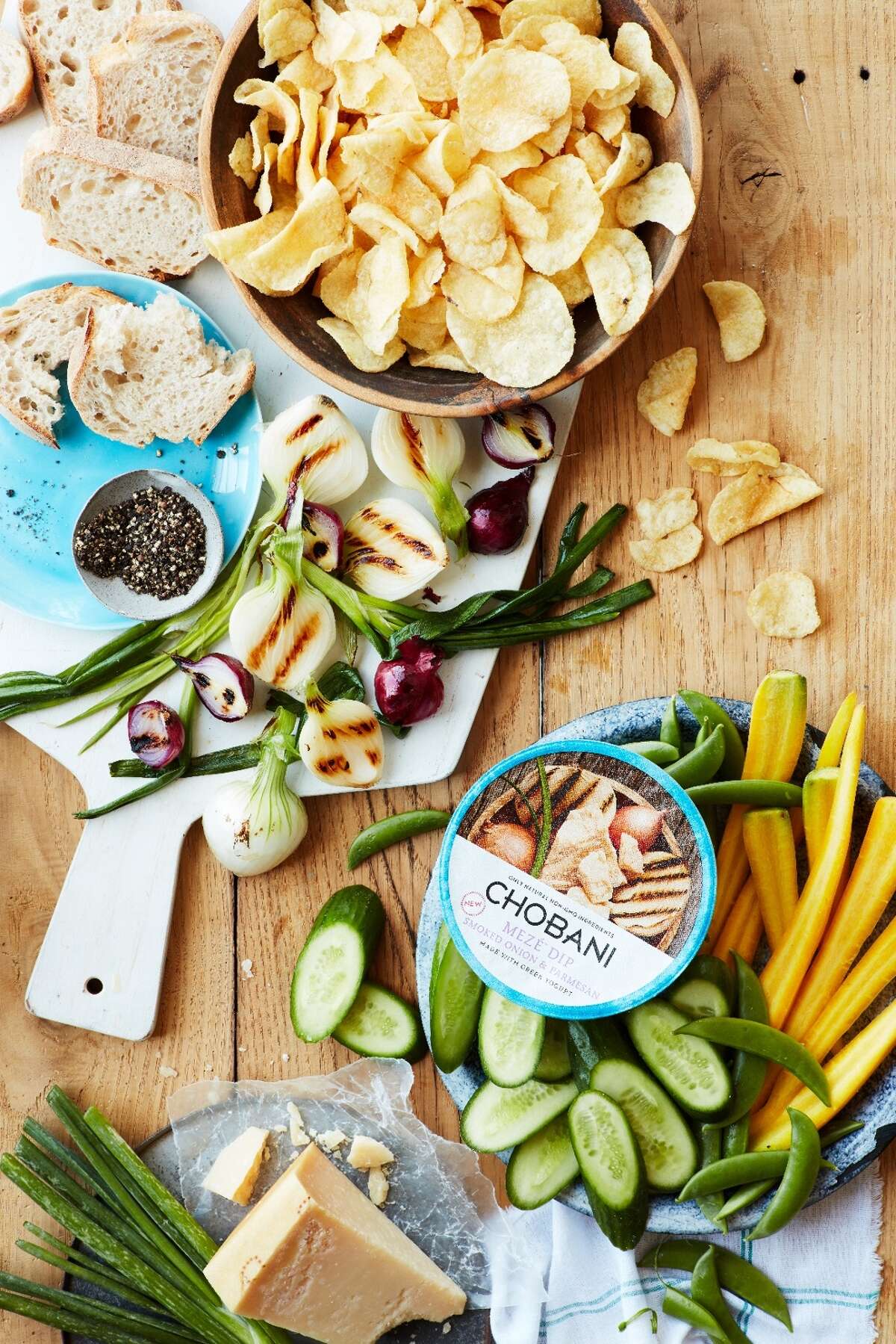 From Chobani: a new Meze Dip line that includes yogurt dips in flavors such as roasted red pepper, three-pepper salsa, chili lime, and smoked onion and parmesan.