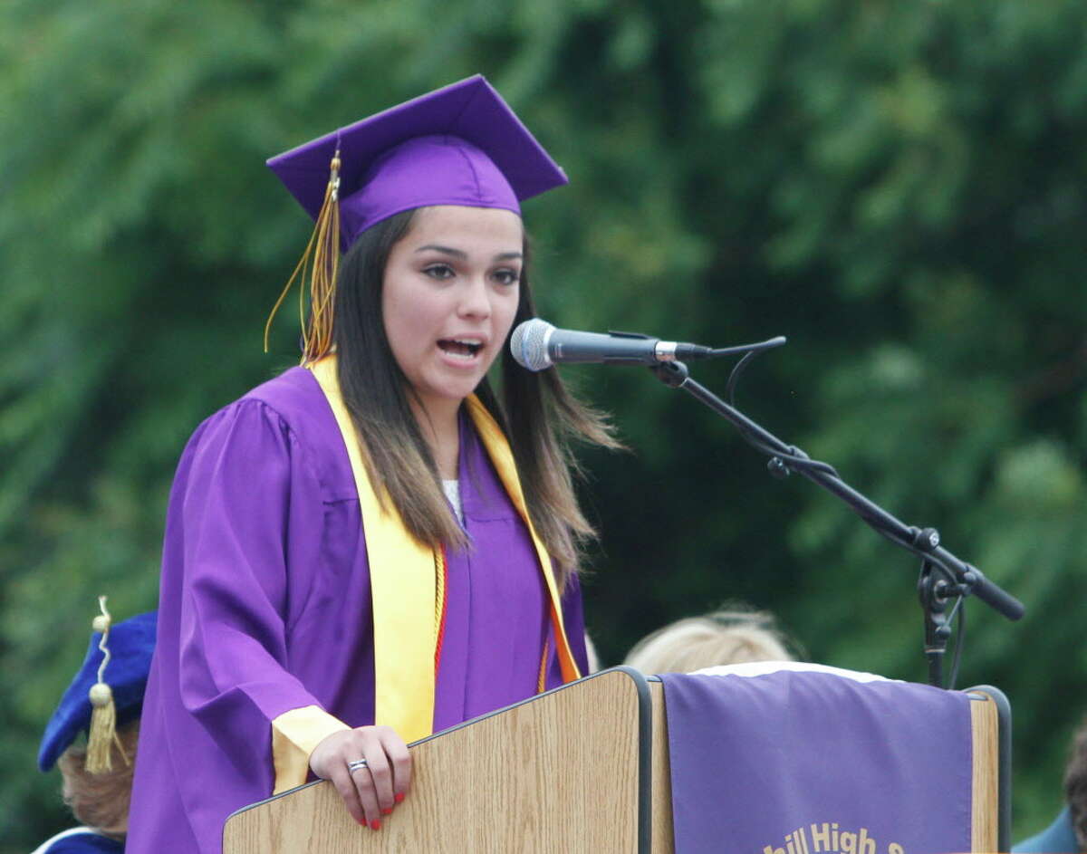 Kiana Nieves speaks during Westhill High School’s 2015 graduation ceremony. The Matthew Gaffney Foundation has helped Nieves get nearly all of her college tuition covered by scholarships and grants.