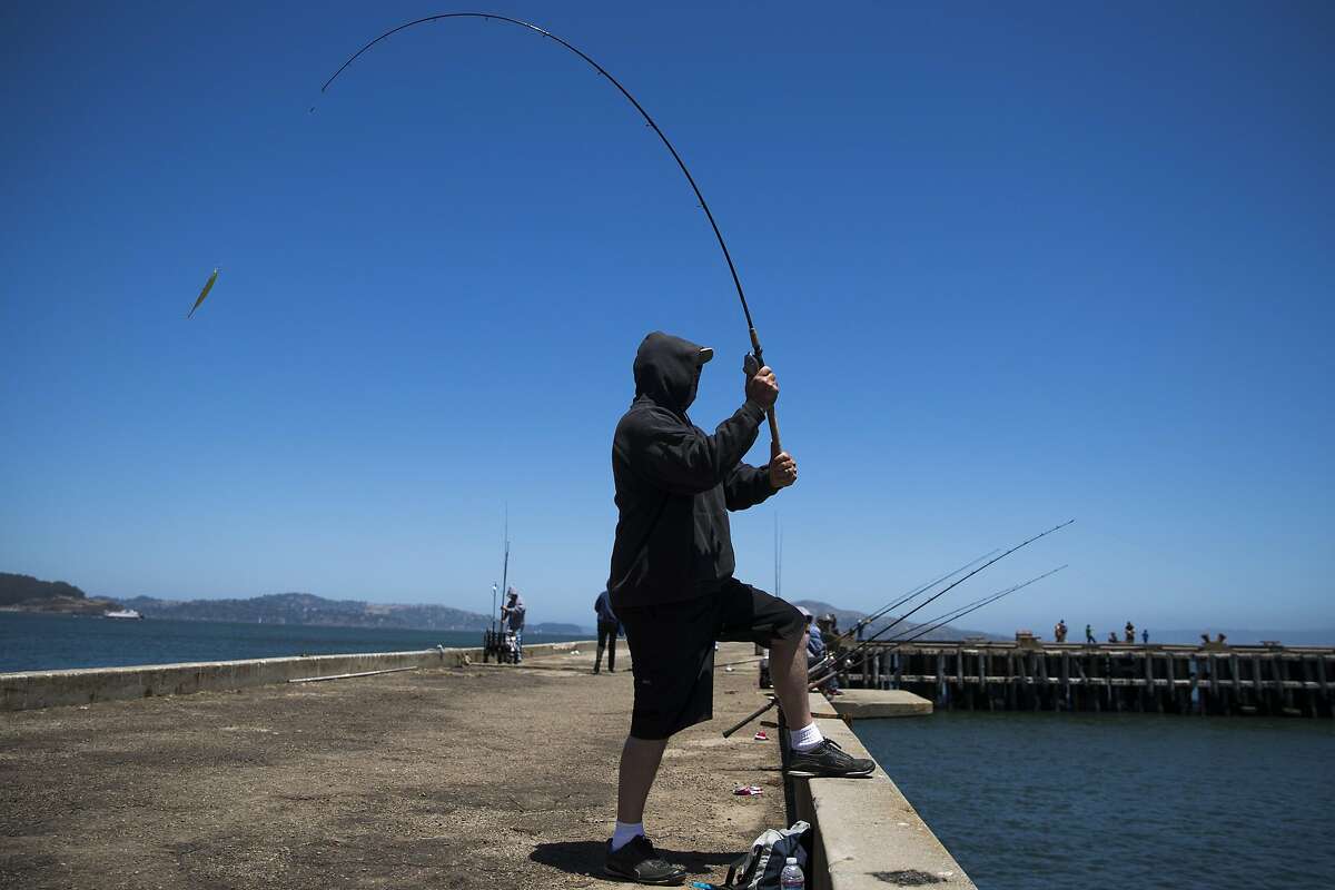 David Border, of San Francisco, casts a line from the Torpedo Wharf pier at the Presidio in San Francisco, Calif. on Tuesday, July 12, 2016.
