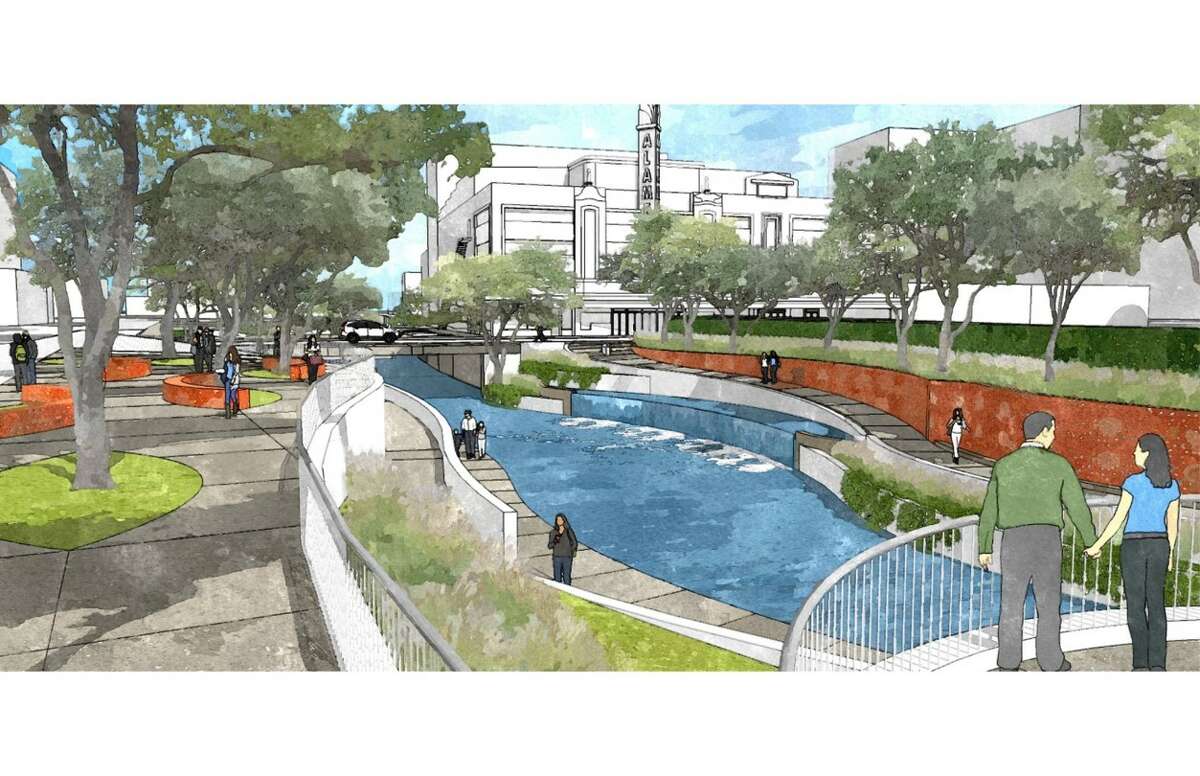 Rendering of the tentative design for a segment of San Pedro Creek near the Alameda Theater. The design, which is considered 70 percent complete, was authorized by Bexar County Commissioners Court on Tuesday, July 12, 2016.