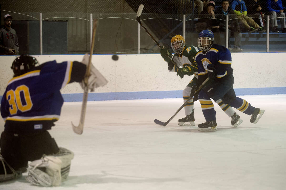 Midland High goalie Weondong Hwang, left, blocks a shot by Dow High's Carter Bean in the first period of the Division 2 hockey regional semifinal in Gladwin Thursday night.