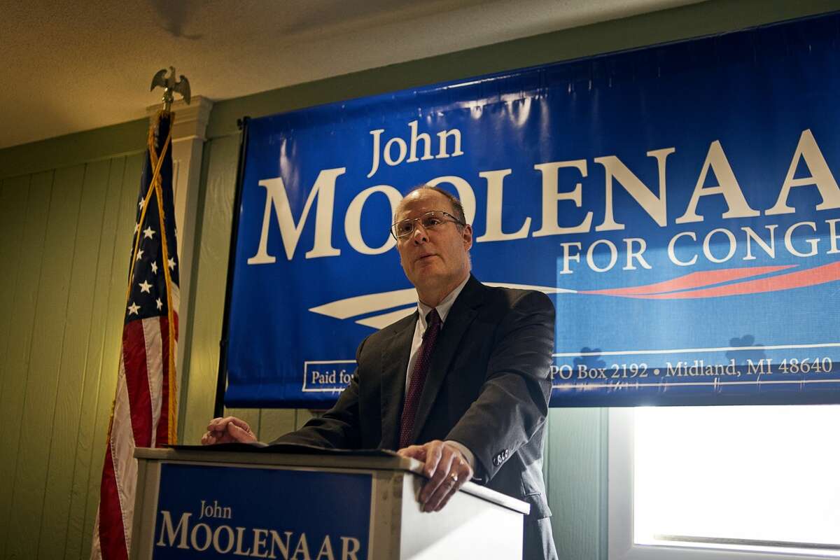 U.S. Rep. John Moolenaar announces his campaign for re-election to Michigan's Fourth Congressional District on Friday morning at Shirlene's Cuisine in Midland.