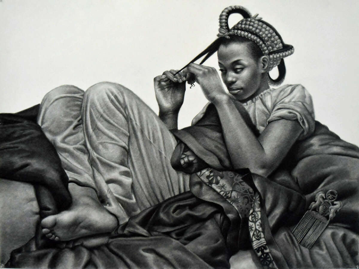 The charcoal drawing "Roots" is among works in "From East Nigeria: 19th Century A.D.," Kingsley Onyeiwu's first solo show at Hooks-Epstein Galleries﻿.