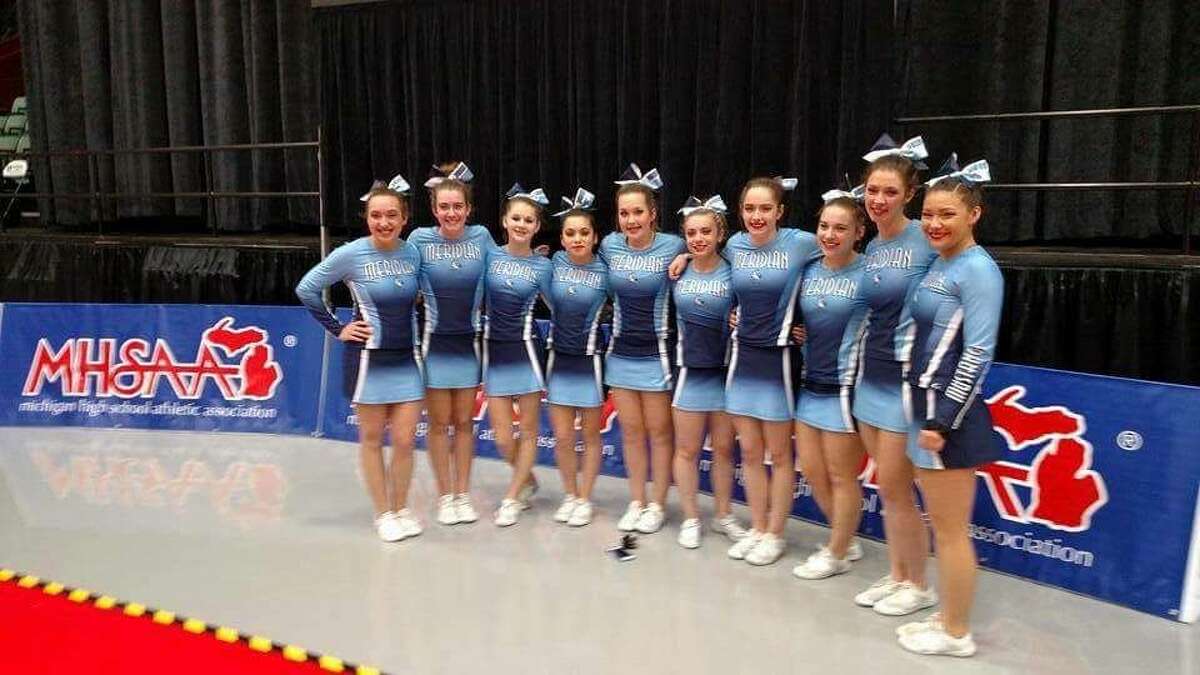 Shown at Saturday's Division 4 state finals in Grand Rapids, the Meridian competitive cheer team includes (from left) Courtney Wasalaski, Aubrey Erskine, Tana Spangler, Liz Melchi, Becky O'Dell, Ari Kortge, Katie Blanchard, McKenna Burns, Charley Kovacs and Jamie Mosher.