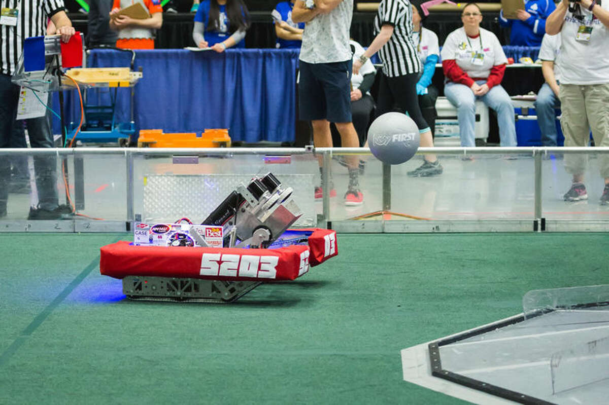 Meridian High School’s Team 5203 robot in action during a Michigan FRC State Championship match.