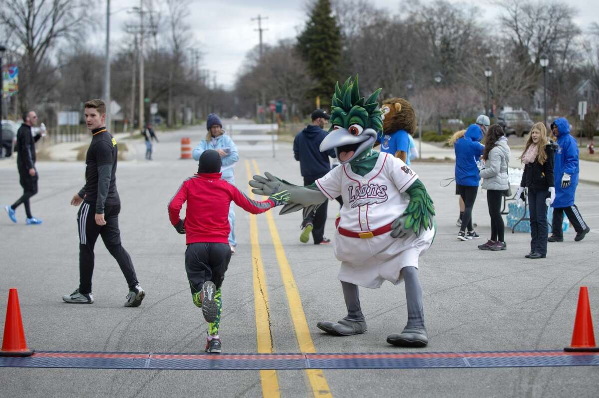 NICK KING | nking@mdn.net Mascot Lou E. Loon high fives a race participant at the finish line during the 5K run during the Loons Pennant Race on Saturday in front of Dow Diamond on State Street. The event featured a 5K walk and a one-mile run in addition to the 5K race.