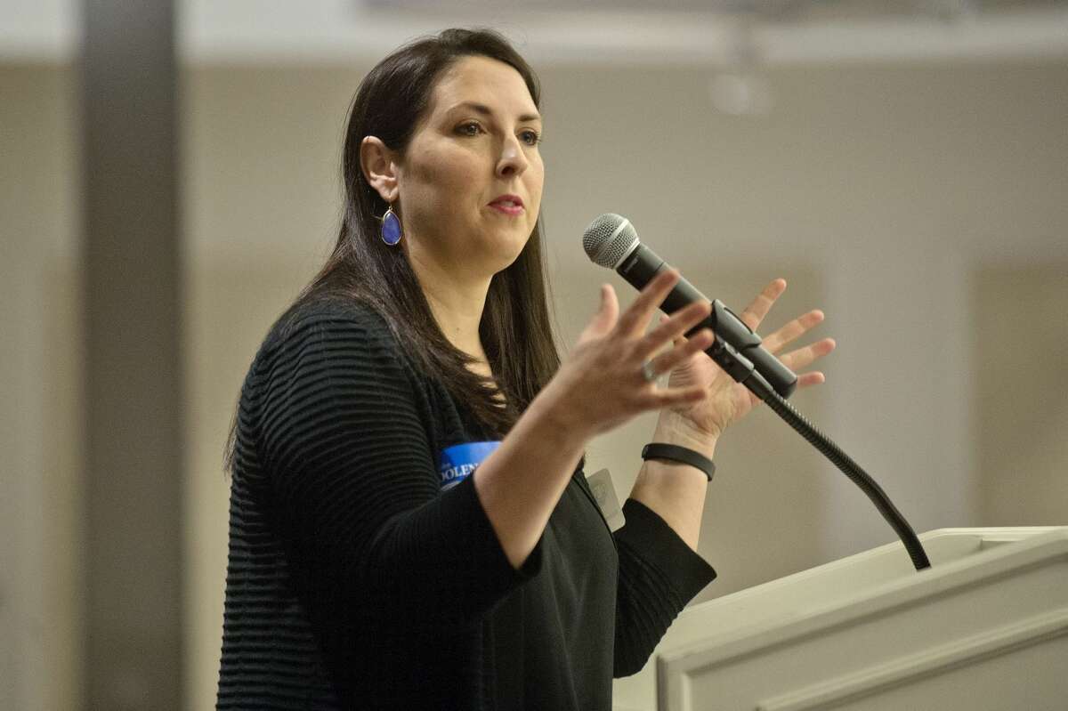 Ronna Romney McDaniel, chairwoman of the Michigan Republican Party, speaks during the Midland County Republican Party's Dave Camp Spring Breakfast on Monday at the H Hotel.