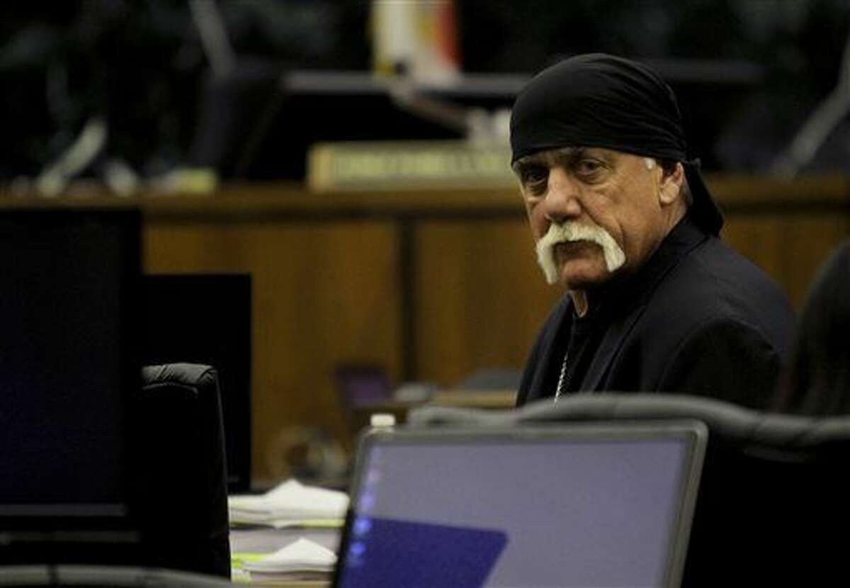 Hulk Hogan sits in court before the start of his trial Thursday, March 17, 2016, in St. Petersburg, Fla. Hogan, whose given name is Terry Bollea, and his attorneys are suing Gawker Media for $100 million, saying his privacy was violated, and he suffered emotional distress after Gawker posted a sex tape of Hogan and his then-best friend's wife. (Dirk Shadd/The Tampa Bay Times via AP, Pool)