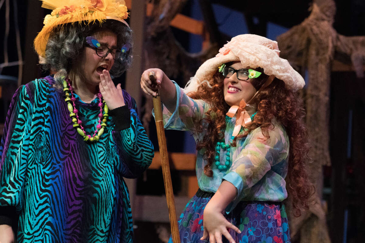 Lillian Kyro and Zoe Whitlock perform during rehearsal in the Peanut Gallery production of James and the Giant Peach at the Midland Center for the Arts Tuesday evening.