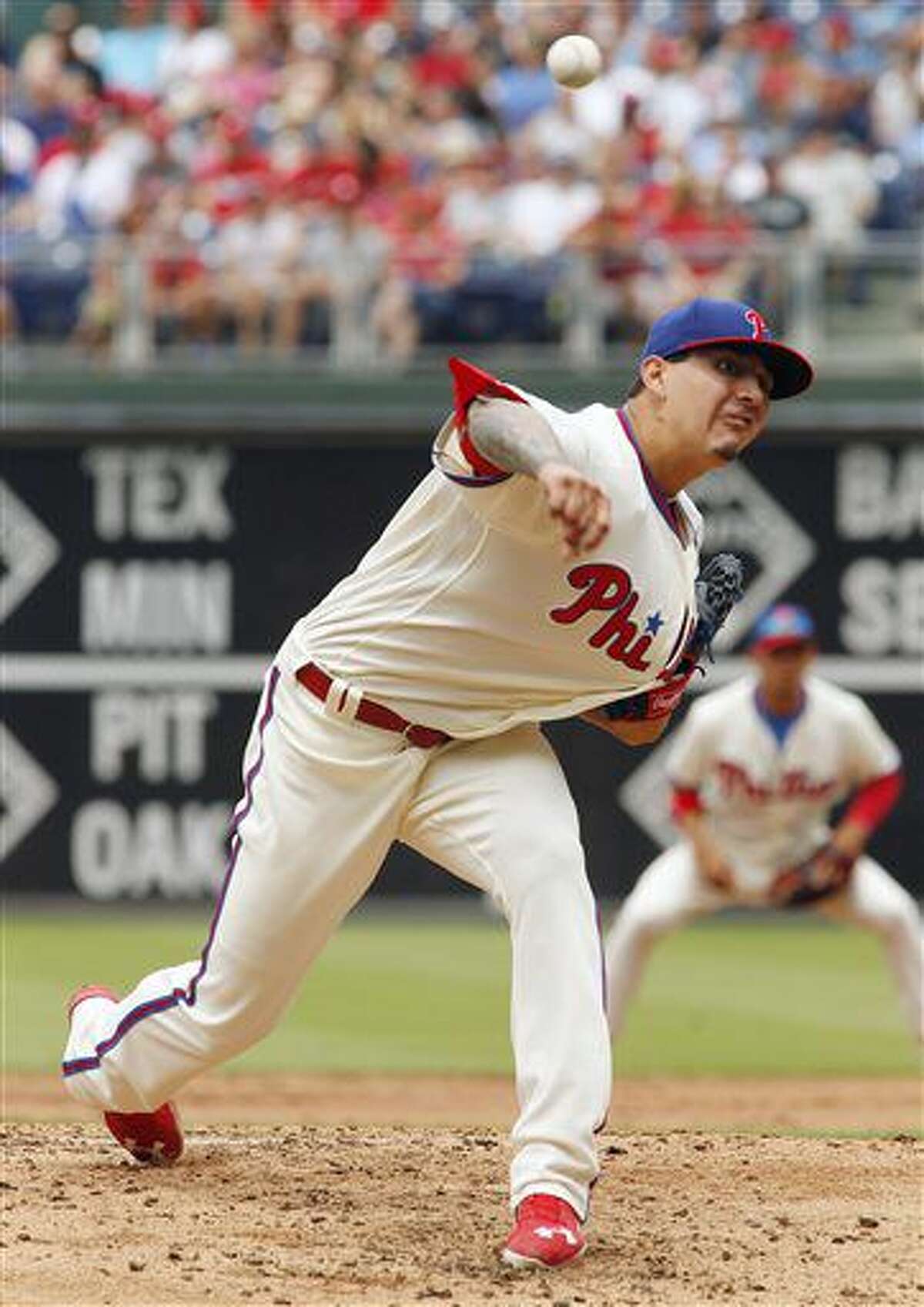 Philadelphia Phillies starting pitcher Vince Velasquez throws during the first inning of a baseball game against the Kansas City Royals, Sunday, July 3, 2016, in Philadelphia. (AP Photo/Tom Mihalek)