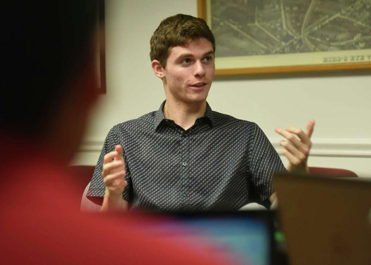 Cornell University incoming freshman Richard Greenbaum, a Satmford native, speaks about the potential of autonomous vehicles in Stamford inside the city's Office of Economic Development at the Government Center in Stamford.