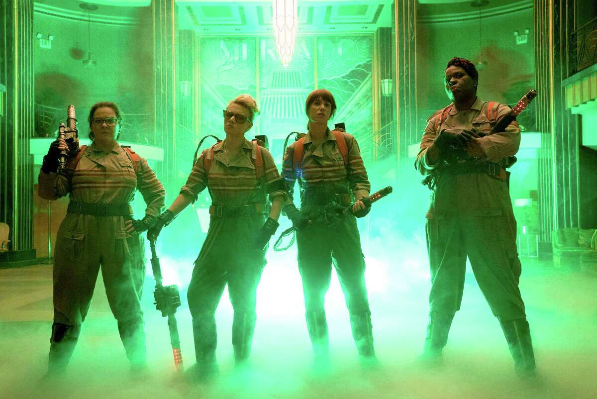This image released by Sony Pictures shows, from left, Melissa McCarthy, Kate McKinnon, Kristen Wiig and Leslie Jones in a scene from "Ghostbusters," opening nationwide on July 15. (Hopper Stone/Columbia Pictures/Sony Pictures via AP)