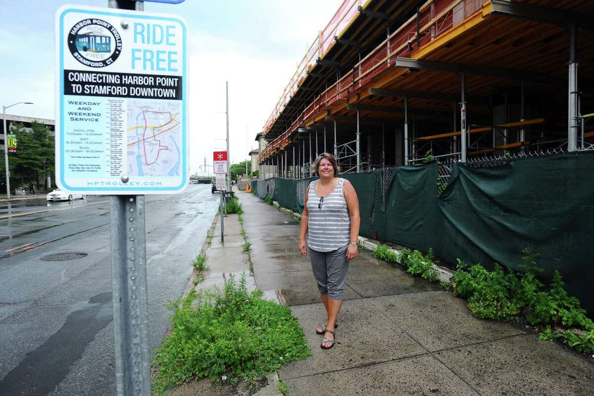 Jackie Lightfield, executive director of Stamford Partnership, poses next to weeds on Atlantic St. on Thursday, July 7, 2016. Lightfield is leading the charge to put together a plan with the city of Stamford and local propety owners to eliminate weeds and trash on embankments and sidewalks around the city.