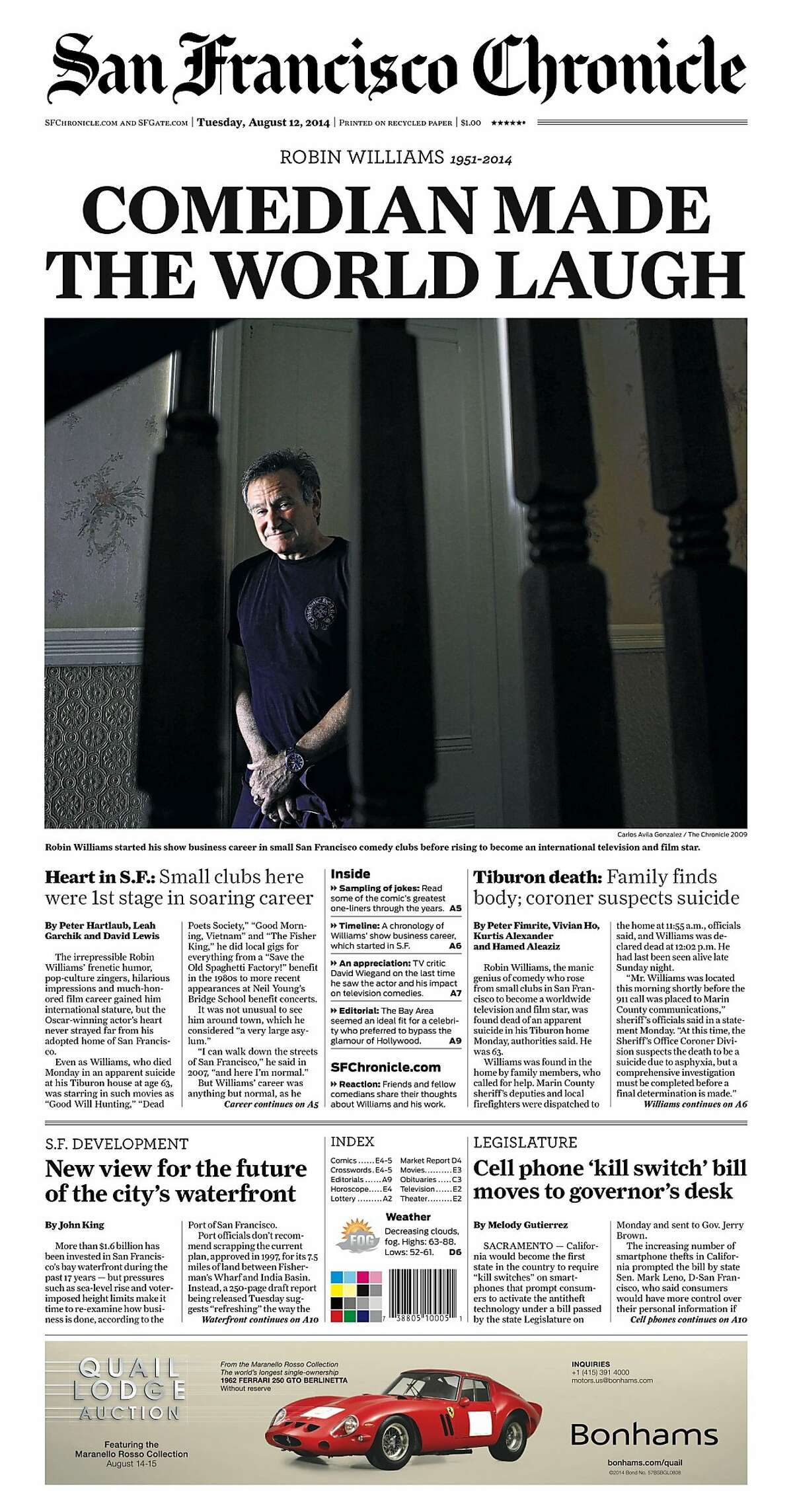 Historic Chronicle Front Page August 12, 2014 Robin Williams dies Chron365, Chroncover