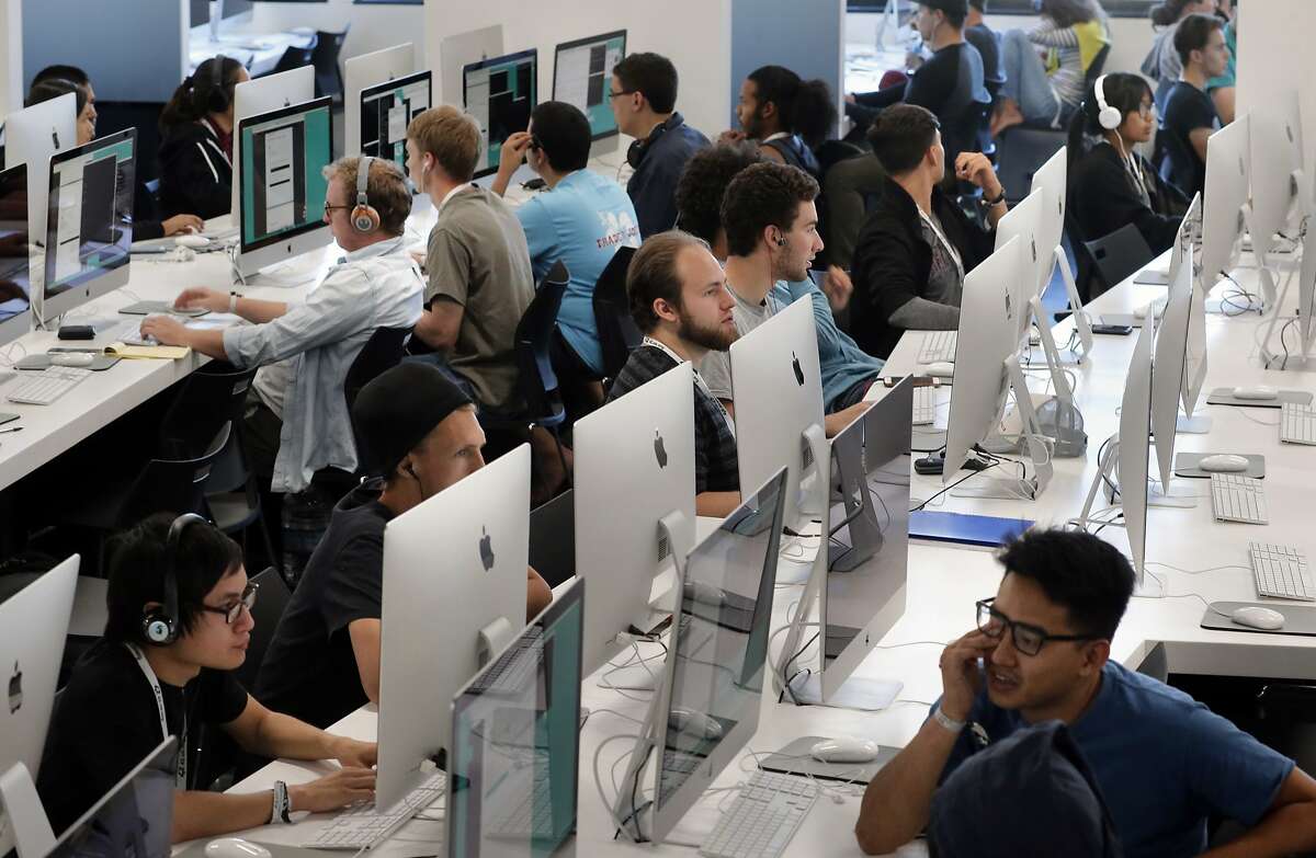 Students at work on row after row of computer stations at 42 a new free computer coding school in Fremont, California, on Thurs. July 14, 2016.